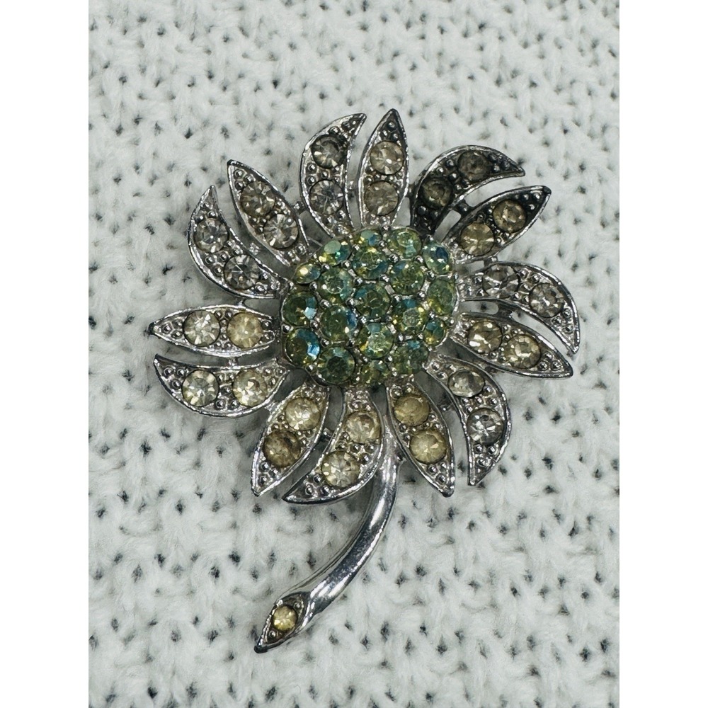 Sarah Coventry Rhinestone Flower Brooch Pin Silver Tone Green Yellow